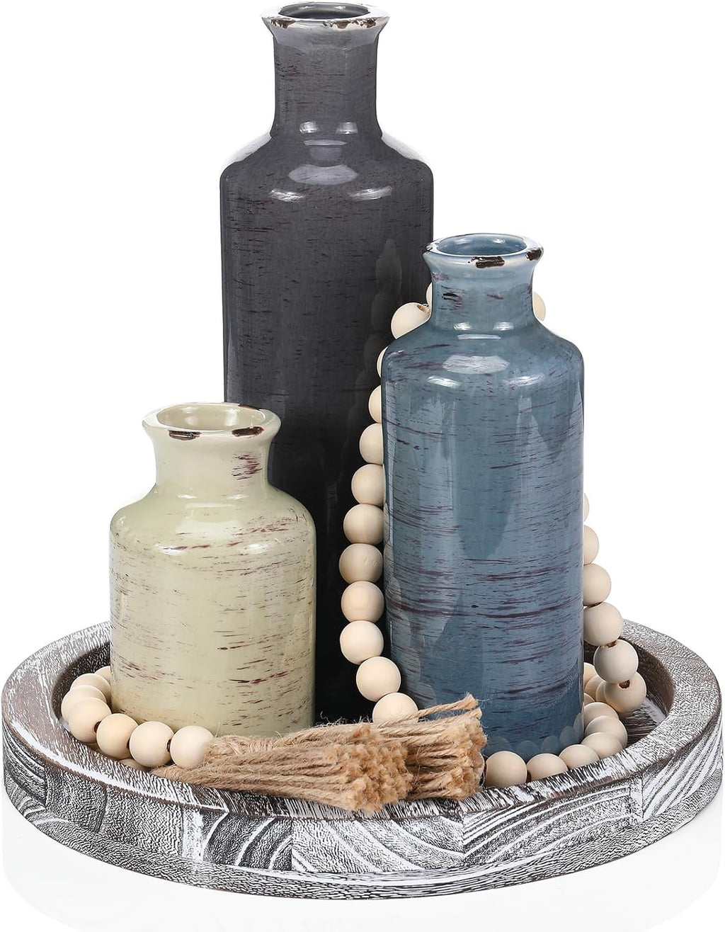 5 Pcs Rustic Country Tabletop Centerpieces Decor Set of 3 Boho Ceramic Vases with Wooden Serving Tray Wood Bead Garland Tassels Table Holder for Home Decorations(Rustic Color)