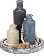 5 Pcs Rustic Country Tabletop Centerpieces Decor Set of 3 Boho Ceramic Vases with Wooden Serving Tray Wood Bead Garland Tassels Table Holder for Home Decorations(Rustic Color)