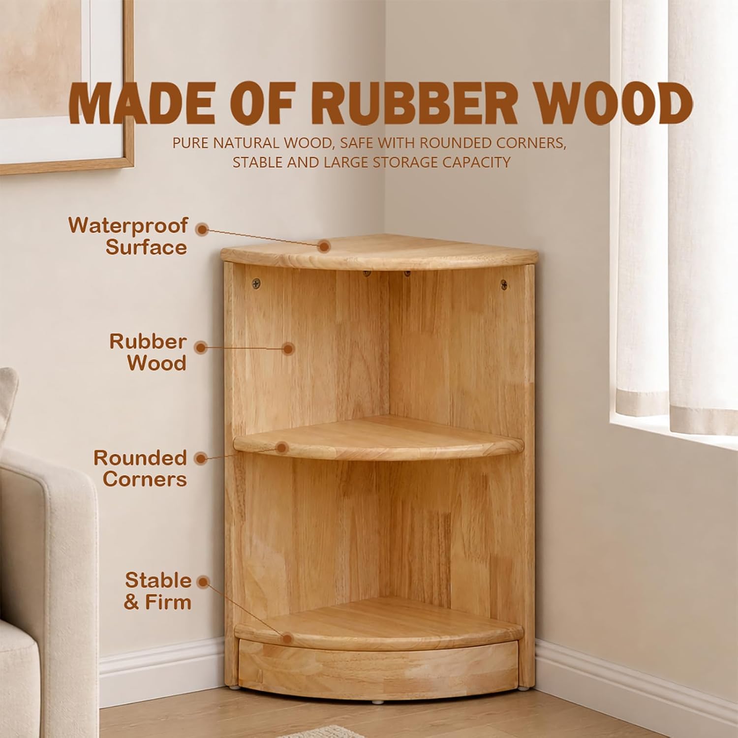 Rubber Wood Corner Cabinet, 2-Tier Kids Montessori Shelf, Toy Organizers and Storage Book Shelf for Playroom, Nursery, Kids Room, Kindergarten