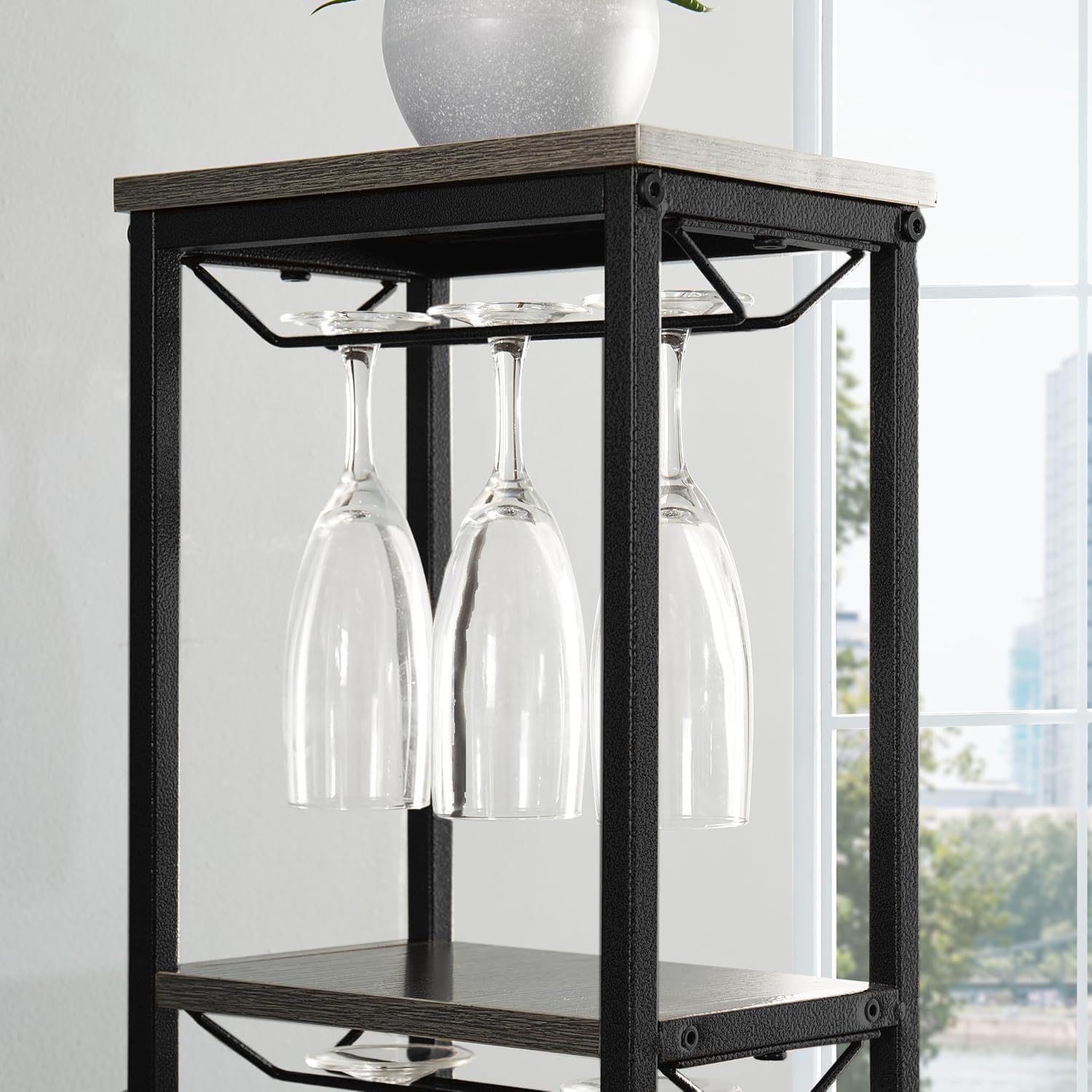 5-Tier Wine Rack Freestanding Floor, 11 Bottles Modern Wooden Wine Holder-Storage Cabinet for Home Bar, Kitchen, Dining Room Space Saving Bar Stand with Easy Assembly. (Black/Gray)