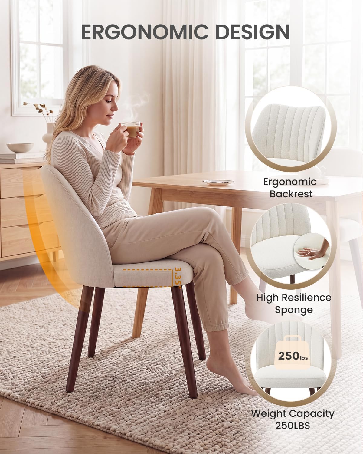 Upholstered Dining Chairs Set of 2, Modern Fabric Dining Chairs with Curved Backrest & Solid Rubber Wood Legs, Padded Kitchen Dining Room Chairs for Restaurant Cafe, Beige