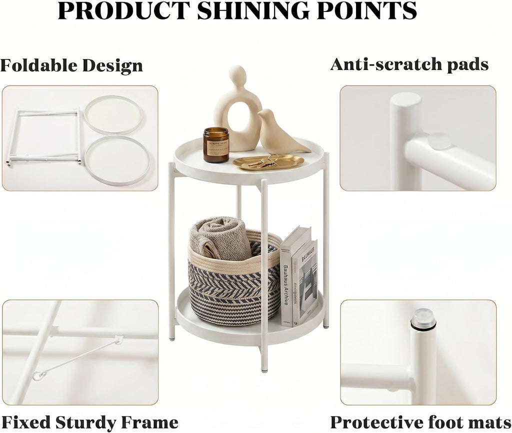 TeoKJ 2 Tier Round Side Table, Folding Round Metal End Table Small Nightstand with Two Removable Tray for Bedroom Living Room Bedside Small Spaces White