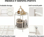TeoKJ 2 Tier Round Side Table, Folding Round Metal End Table Small Nightstand with Two Removable Tray for Bedroom Living Room Bedside Small Spaces White