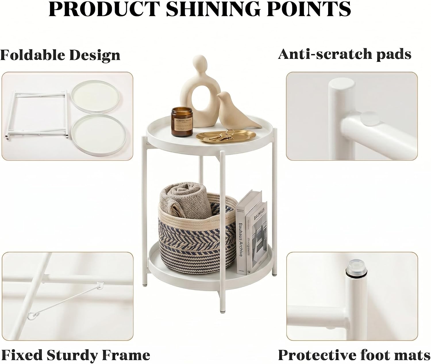 TeoKJ 2 Tier Round Side Table, Folding Round Metal End Table Small Nightstand with Two Removable Tray for Bedroom Living Room Bedside Small Spaces White