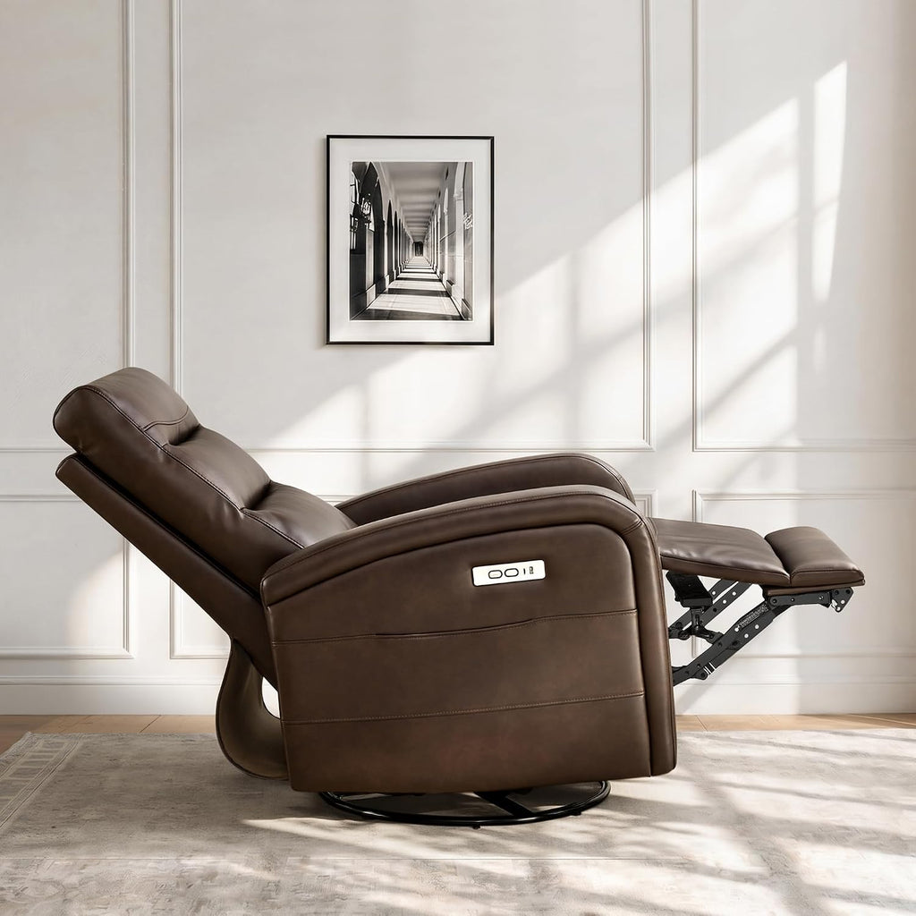 KISLOT Power Swivel Recliner Chair, Faux Leather Recliner 270° Rotation Modern Nursery Glider, Ergonomic Armrest & Side Storage Pocket, Comfortable Armchair for Living Room Bedroom & Nursery