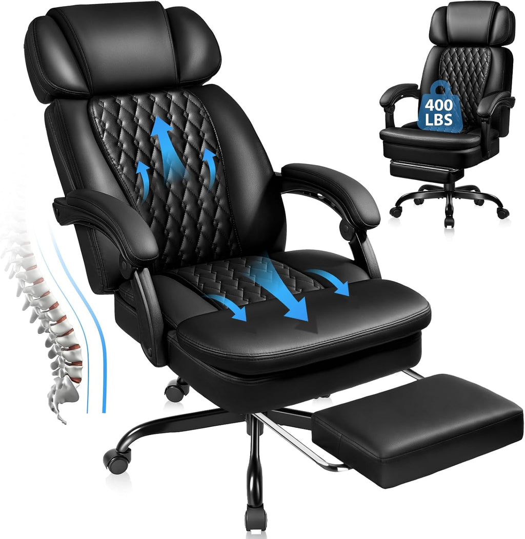 PRETZI Executive Office Chair 400LBS, Ergonomic Office Chair with Foot Rest, Heavy Duty Desk Chair for Home Office, Reclining High Back PU Leather Computer Chair Comfy, Black