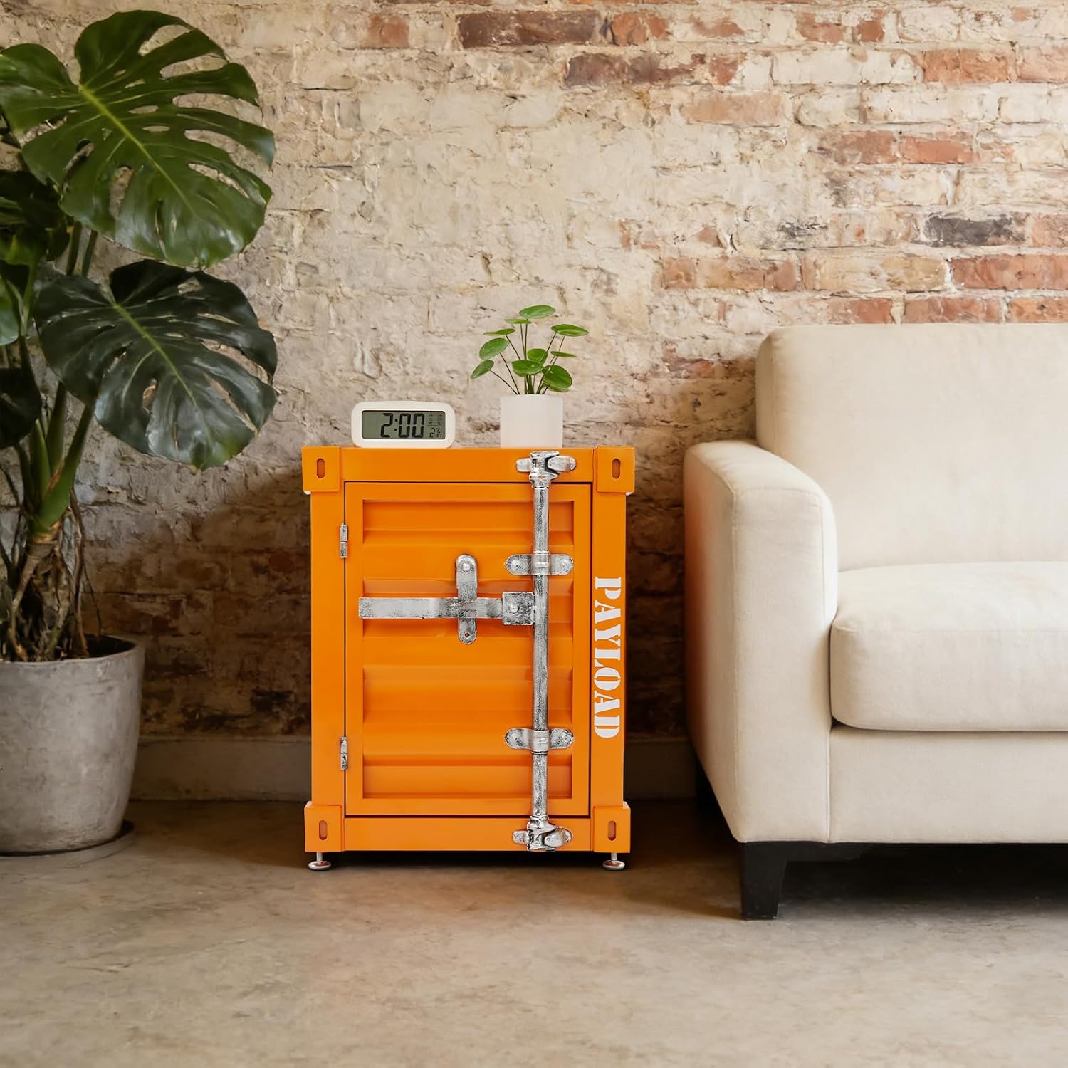 Industrial Wind Bedside Table, End Tables, Container Style Locker Wrought, Tinplate Bilayer Side Table, Metal Locker Nightstand with Combination Lock for Bedroom, Living Room, Office - Orange