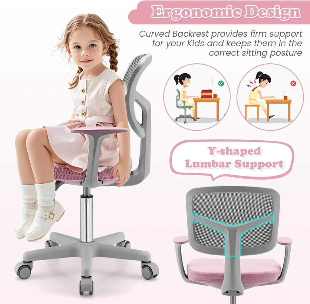 Giantex Kids Desk Chair, Ergonomic Adjustable Teen Task Chair w/Y-Shaped Lumbar Support, Armrest & Universal Wheels, Mesh Kid Office Chair for Sturdy, Kids Computer Chair for Boys & Girls 4-12, Pink