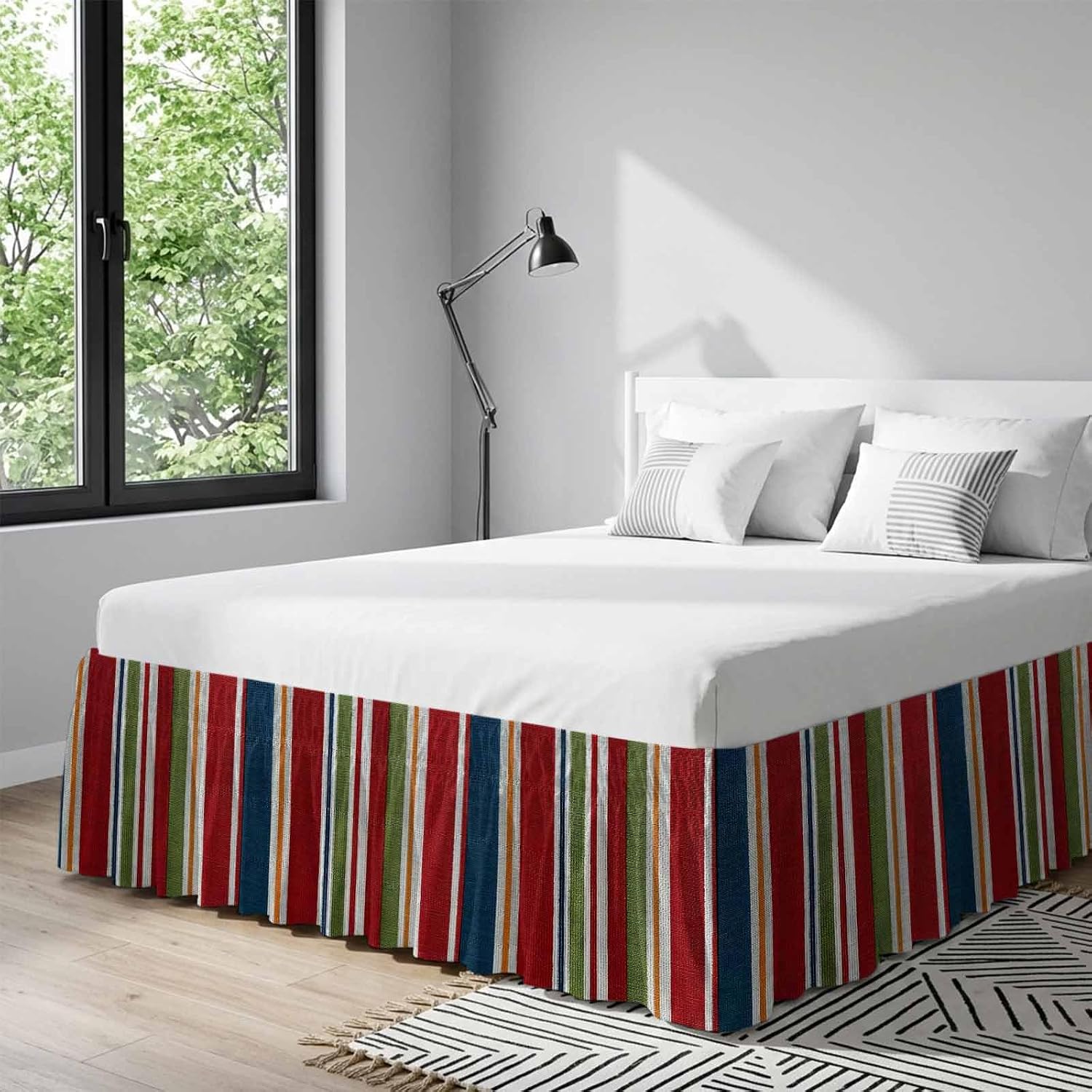 Red Green Striped Bed Skirt Queen Size 16 Inch Drop, Adjustable Elastic Bedskirt Dust Ruffle for Queen Bed, Farmhouse Vintage Minimalist Stripe Wrap Around Bed Skirts Luxurious Pleated Bed Frame Cover