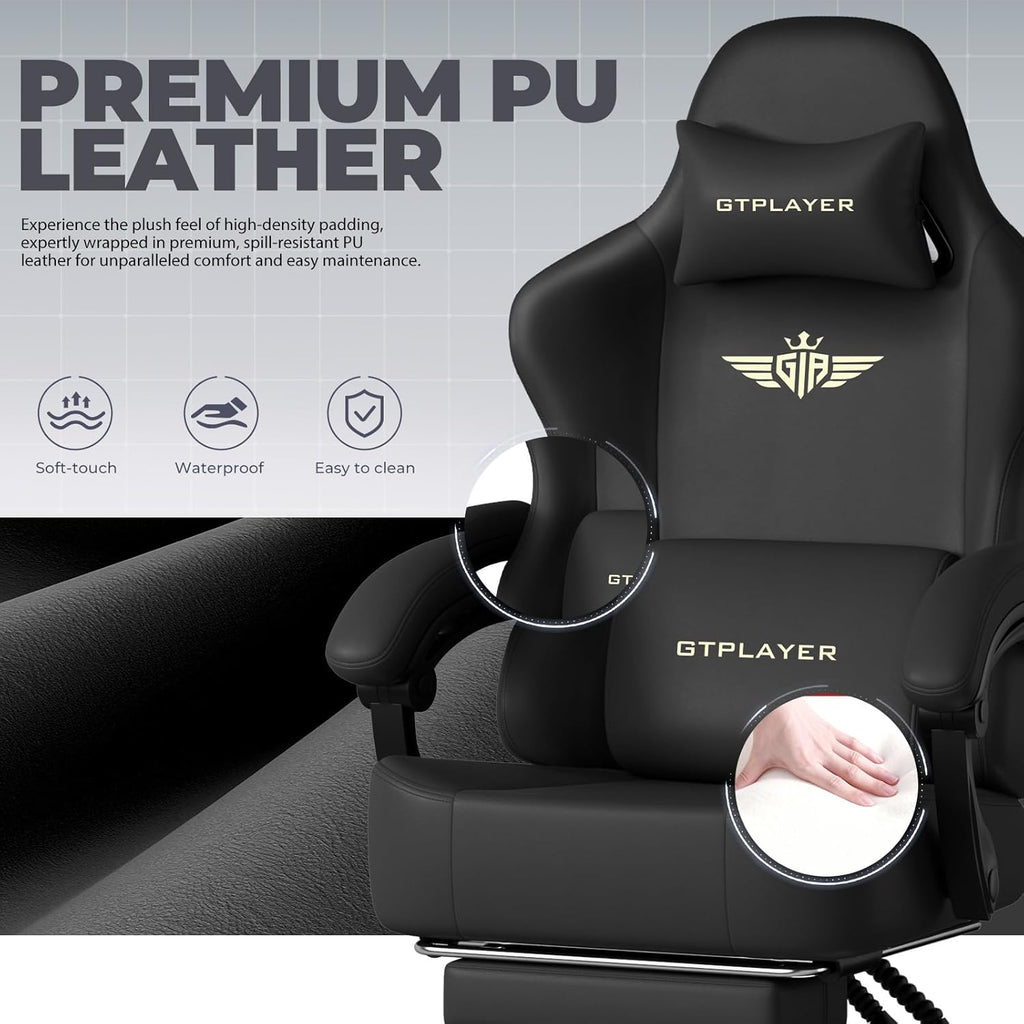 GTPLAYER Big and Tall Gaming Chair 400lbs Heavy Duty Office Chair with Footrest, High Back Pocket Spring Ergonomic Computer Chair for Adults, Wide Seated Cushion with Linkage Armrests, Leather Black