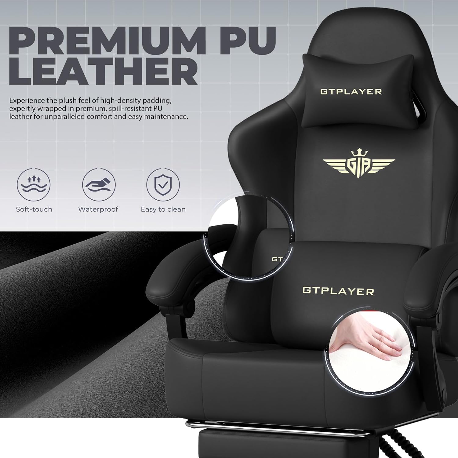 GTPLAYER Big and Tall Gaming Chair 400lbs Heavy Duty Office Chair with Footrest, High Back Pocket Spring Ergonomic Computer Chair for Adults, Wide Seated Cushion with Linkage Armrests, Leather Black