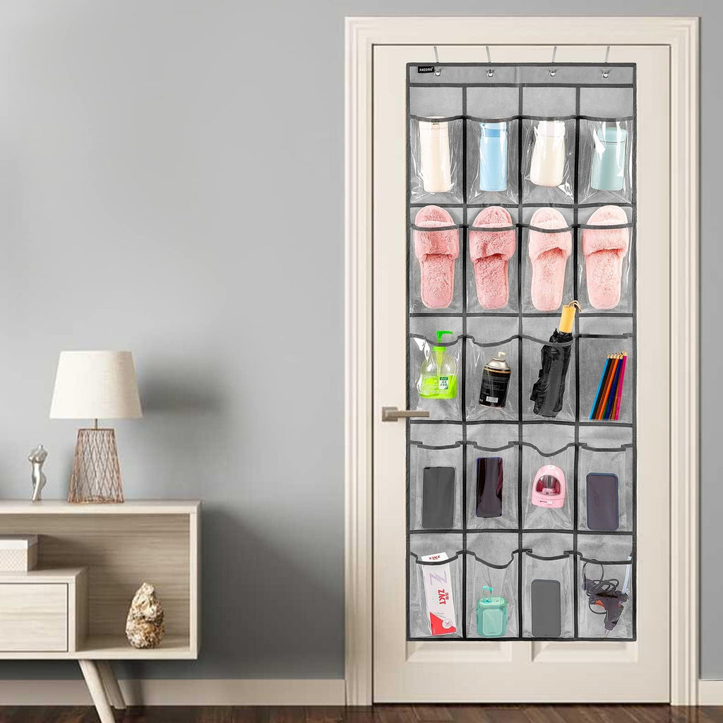 Over Door Hanging Water Bottle Holder Cup Organizer for Kitchen Pantry Glass Bottle Storage Rack with 20 Pockets (CLEAR PVC POCKETS)