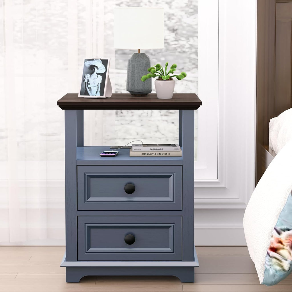 REDAYFUR End Table with Fast USB C Charging Station, 18" Wide Tall Sofa Side Table with 2 Drawers, Large Storage Rustic Wood Square Storage Cabinet for Living Room, Bedroom, Office, Blue