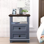 REDAYFUR End Table with Fast USB C Charging Station, 18" Wide Tall Sofa Side Table with 2 Drawers, Large Storage Rustic Wood Square Storage Cabinet for Living Room, Bedroom, Office, Blue