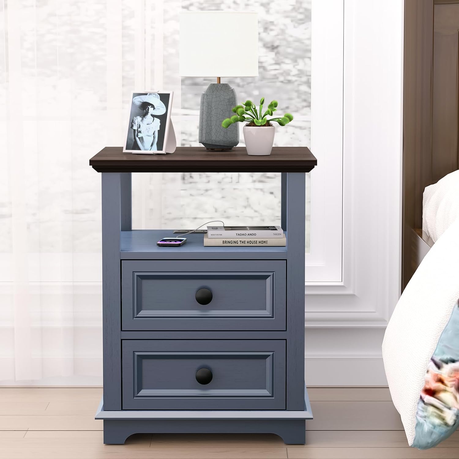 REDAYFUR End Table with Fast USB C Charging Station, 18" Wide Tall Sofa Side Table with 2 Drawers, Large Storage Rustic Wood Square Storage Cabinet for Living Room, Bedroom, Office, Blue