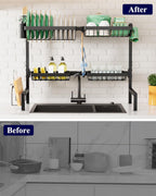 Kitsure Over The Sink Dish Drying Rack - 26.8" to 33.9"x21.5", Adjustable Sink Drying Rack for Kitchen Sink with Large Capacity, 2-Tier Dish Rack Over Sink with Multifunctional Baskets, Black