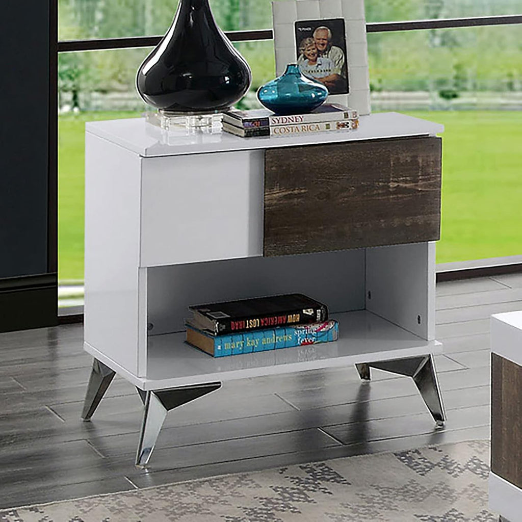 End Table White and Oak Open Shelf Drawer Steel Legs Two Tone High Gloss Wooden Panel Coffee Table Not Include