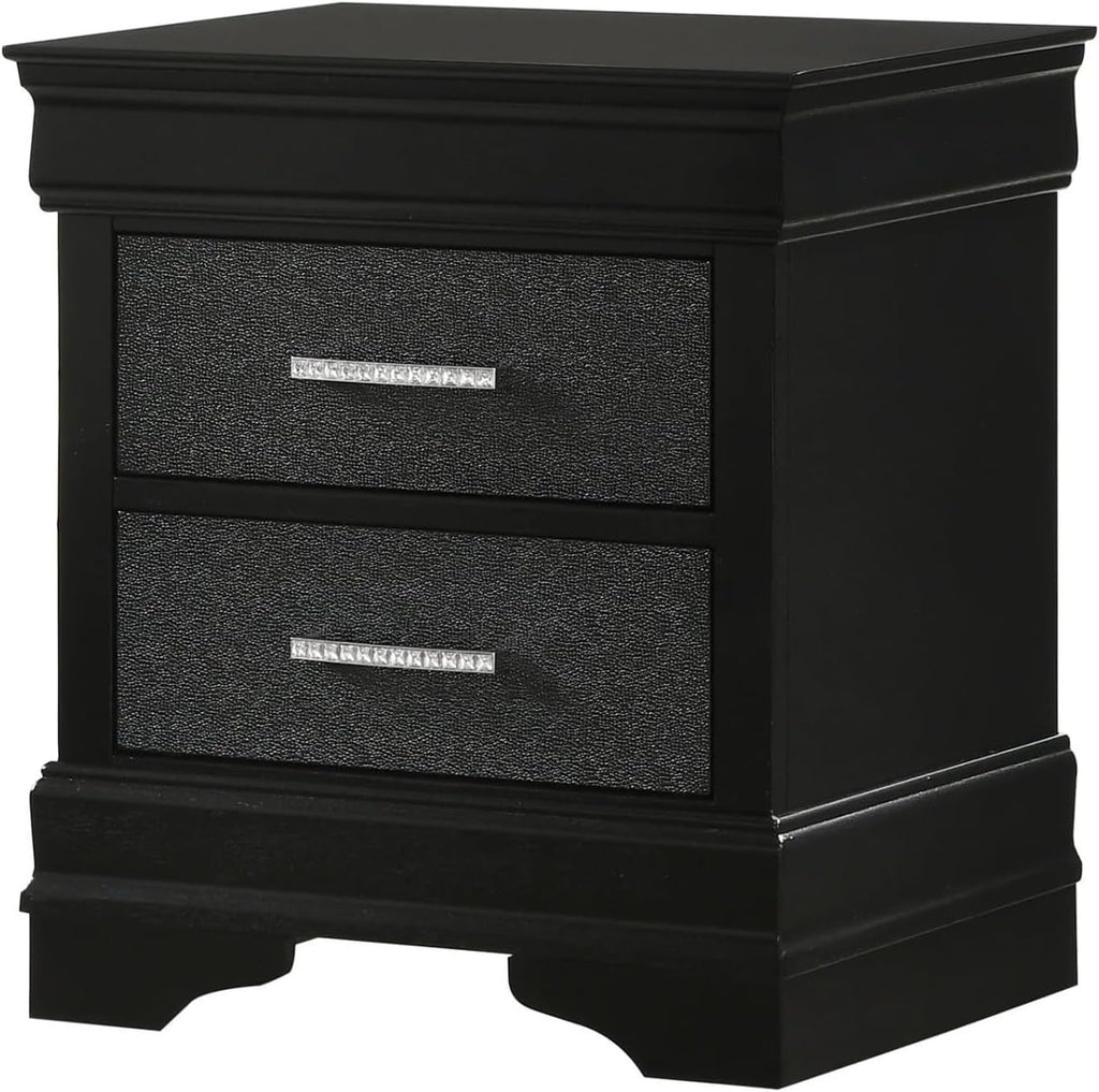 Modern Style Two Drawers Nightstand Black Finish Solid Wood Crystal-Like Button Tufted,for Small Spaces