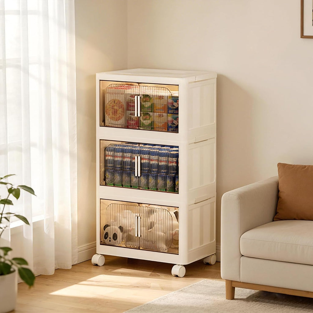Stackable Organizer Drawers with Wheels, Foldable Plastic Storage Bins for Clothes/Dorm Room Double Door Cream Rolling Cabinet Height (Reinforce Stripe: 3 Clear, 19.8"D x 11.8"W x 31.1"H)