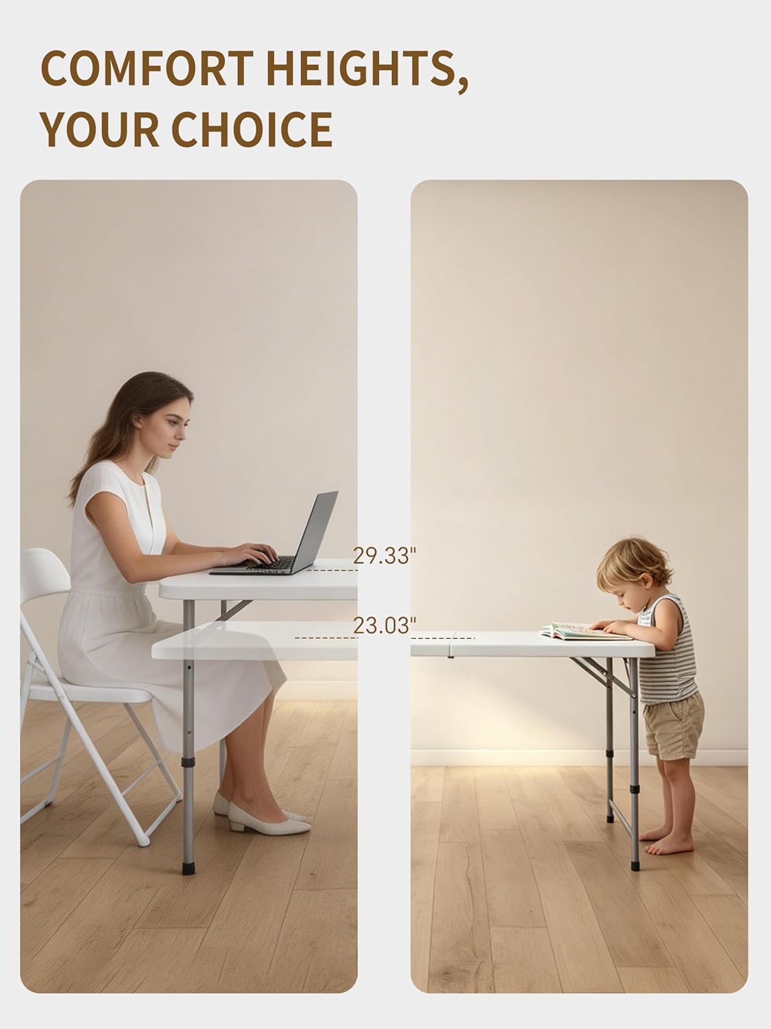 Folding Camping Table 4 Foot Adjustable Height 350lbs, 4FT Folding Picnic Card Table for Outdoor, Plastic Rectangular Dining Work Tables for Indoor, Heavy Duty Fold-in-Half Tray Tables