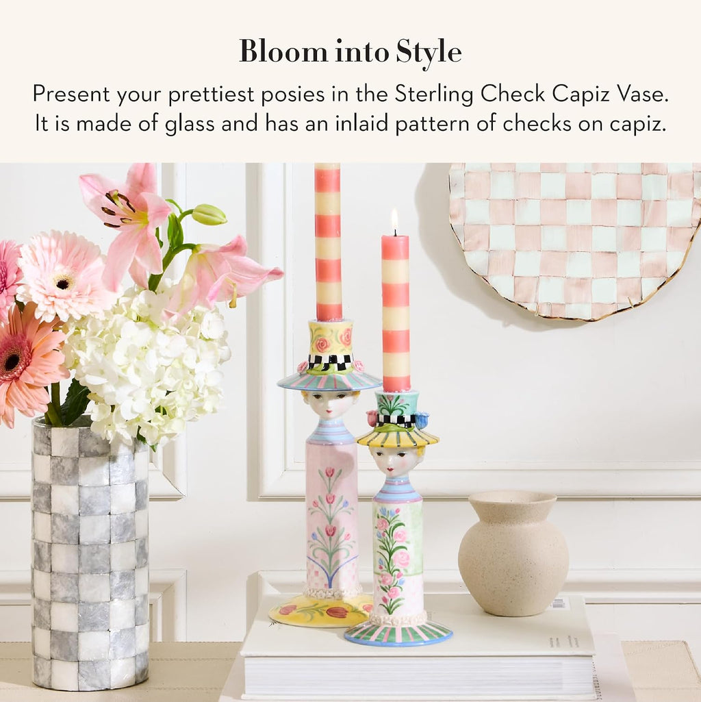 MACKENZIE-CHILDS Capiz Small Vase, Unique Flower-Vase Decor, Gray-and-White Sterling Check