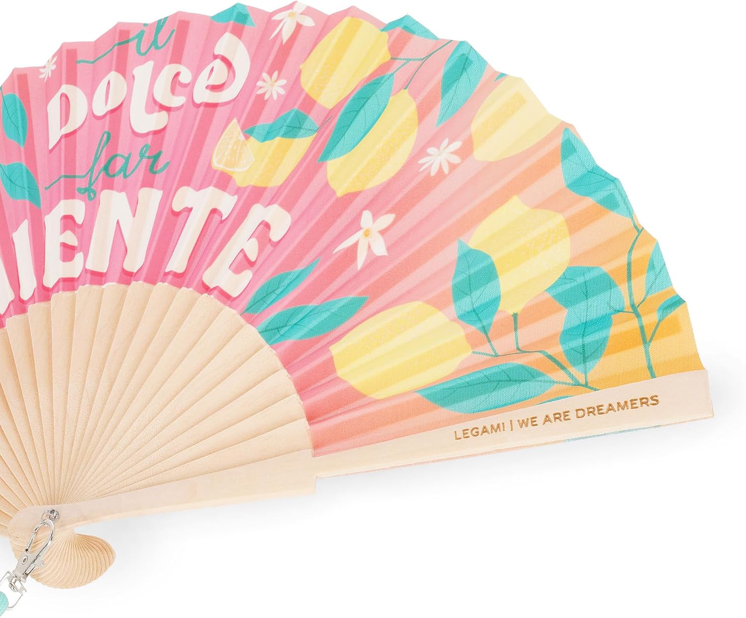 LEGAMI – Folding fan ¡Que Calor! Dolce Far Niente, detachable and adjustable drawstring with matching design, made of polyester, wooden handle, 3.6 x 23 cm