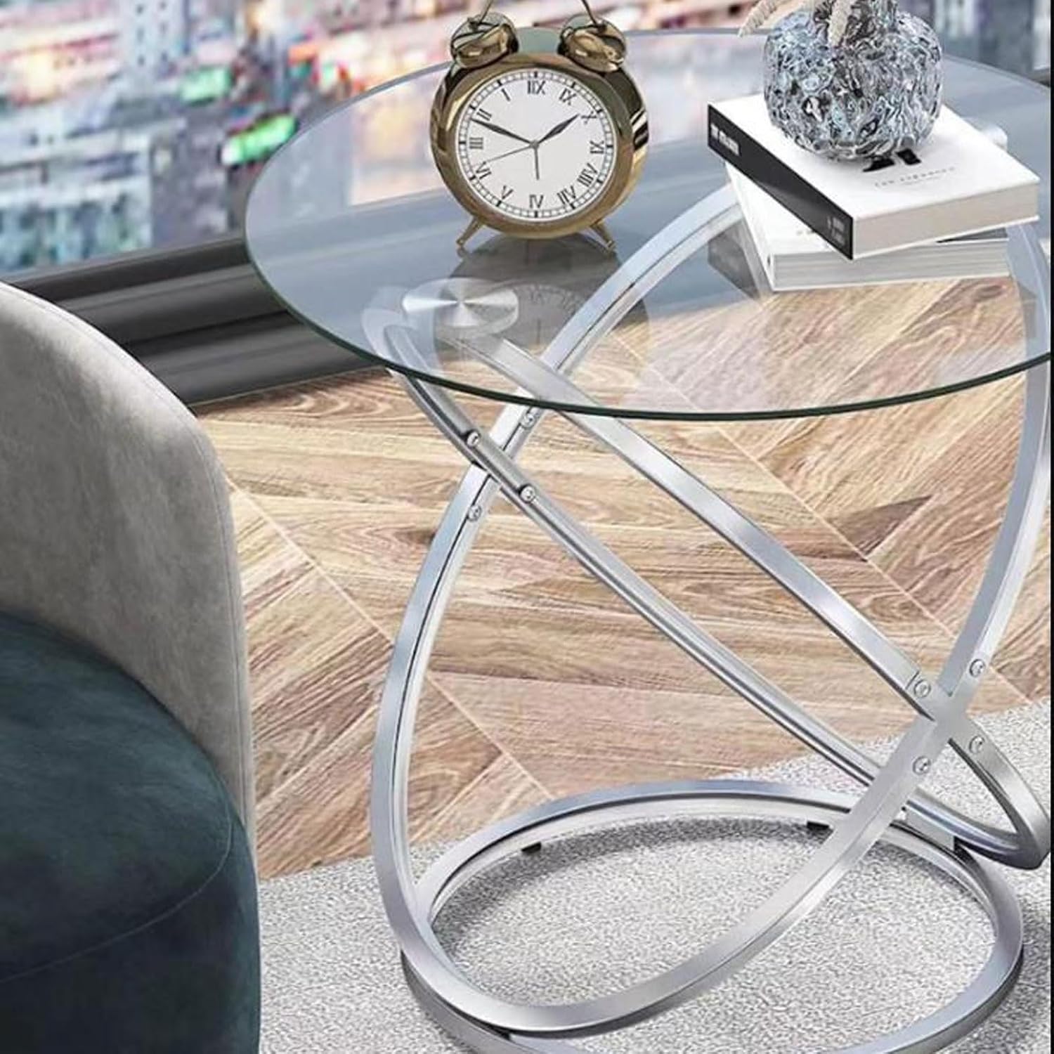 End Table Round Side Table, Glass End with Metal Frame, Small Coffee with Modern Style for Spaces,Living Room, Balcony, Bedroom Living Room Side Table
