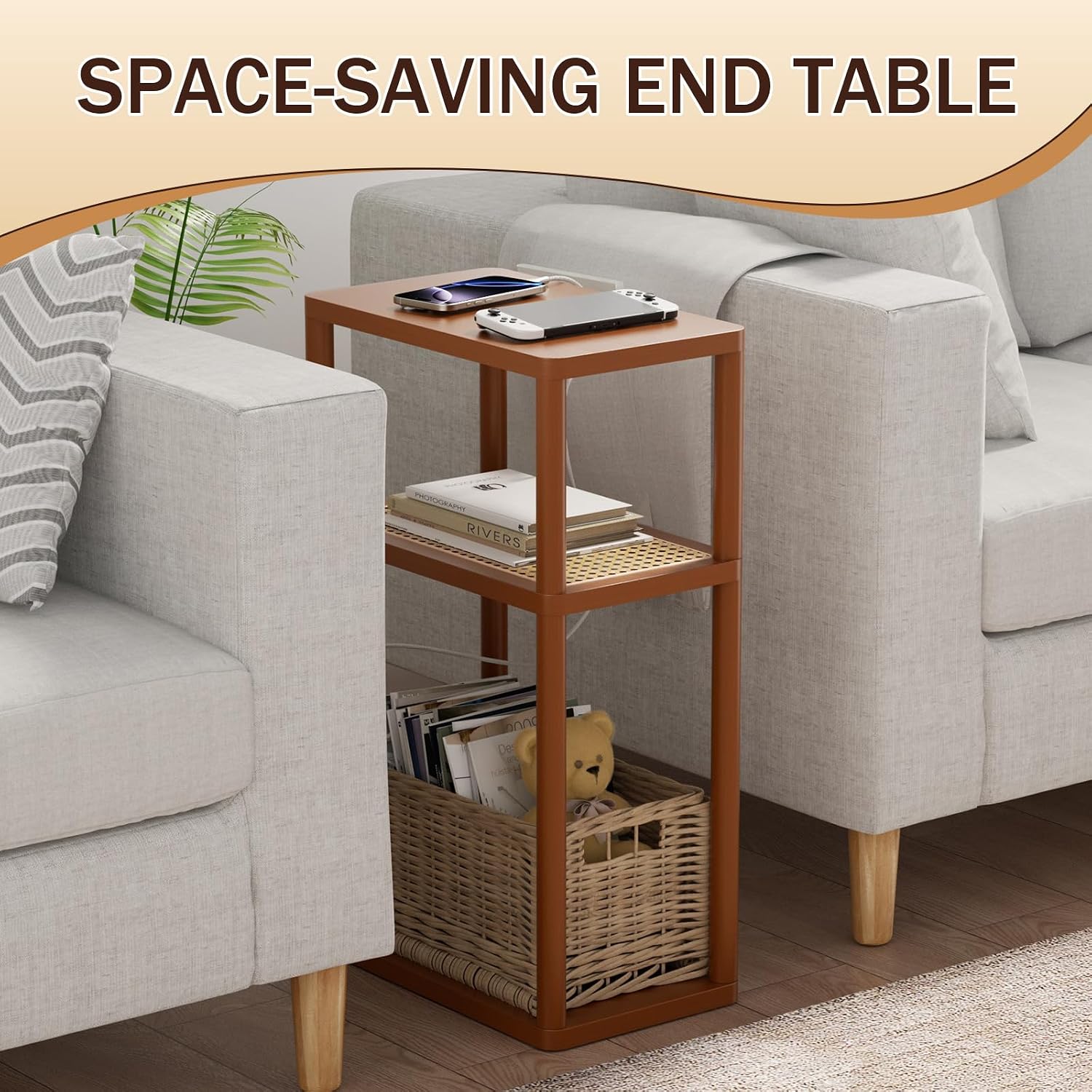 YGYQZ Rattan End Table, 3-Tier Narrow Side Table for Small Spaces, Wood Sofa Side Table Nightstand with Storage Shelves for Living Room Bedroom, Boho Slim Corner Table