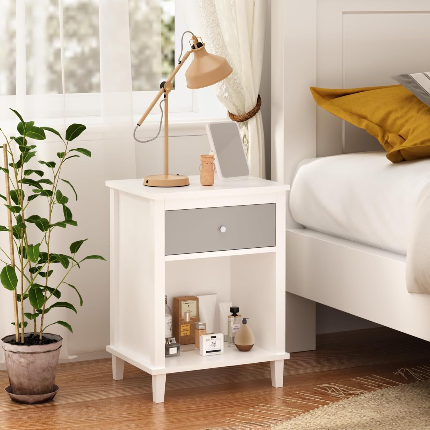 Kids Nightstand with One Drawer Modern Kids Bedside Table with Open Storage Shelf Wood End Side Table Toddler Nightstand for Bedroom Living Room (Grey)