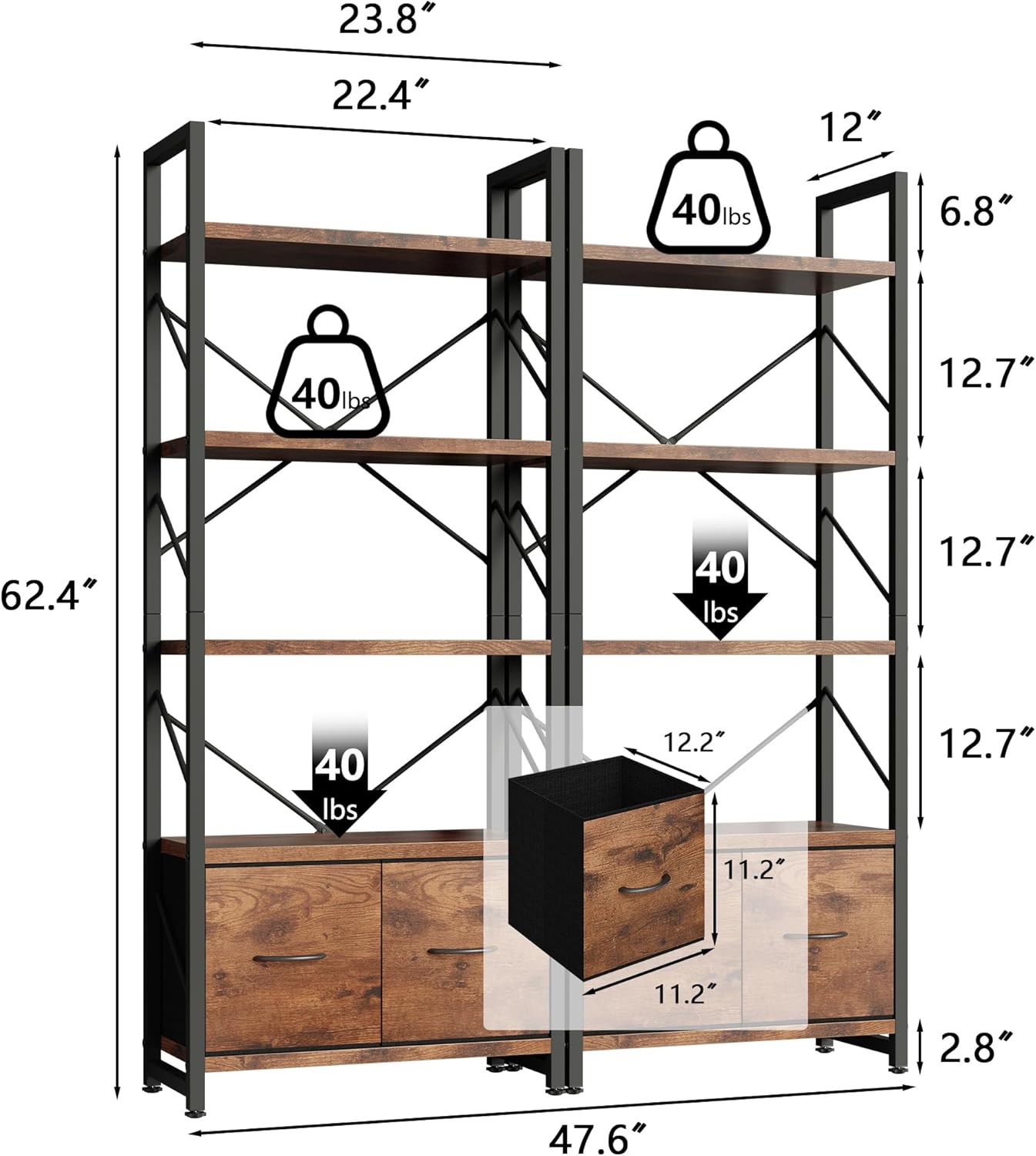 Shintenchi 5 Tier Bookshelf with Drawers, Display Standing Shelf Units, Wood and Metal Bookshelves Storage Organizer, Bookcase for Home Office Bedroom, Kitchen, Living Room, Rustic Brown