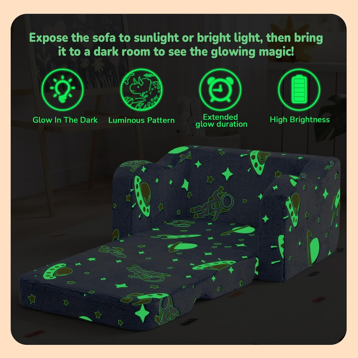 MeMoreCool Glowing Rocket Kids Chair, Glow-in-the-Dark Space Kids Couch, 2-in-1 Convertible Fold-Out Recliner with Cushioned Foam, Washable Cover for Boys Playroom, Denim Rocket