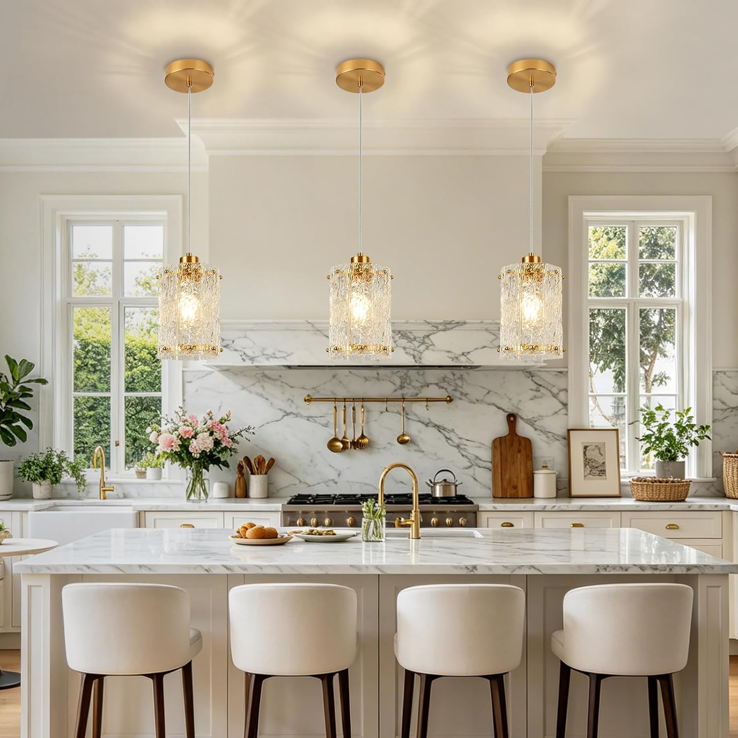 Gold Pendant Lights Kitchen Island 1 Pack Modern Water Ripple Glass Pendant Lights Mini Chandelier Adjustable Hanging Pendant Lighting for Kitchen Island Dining Room Over Sink Table Entryway