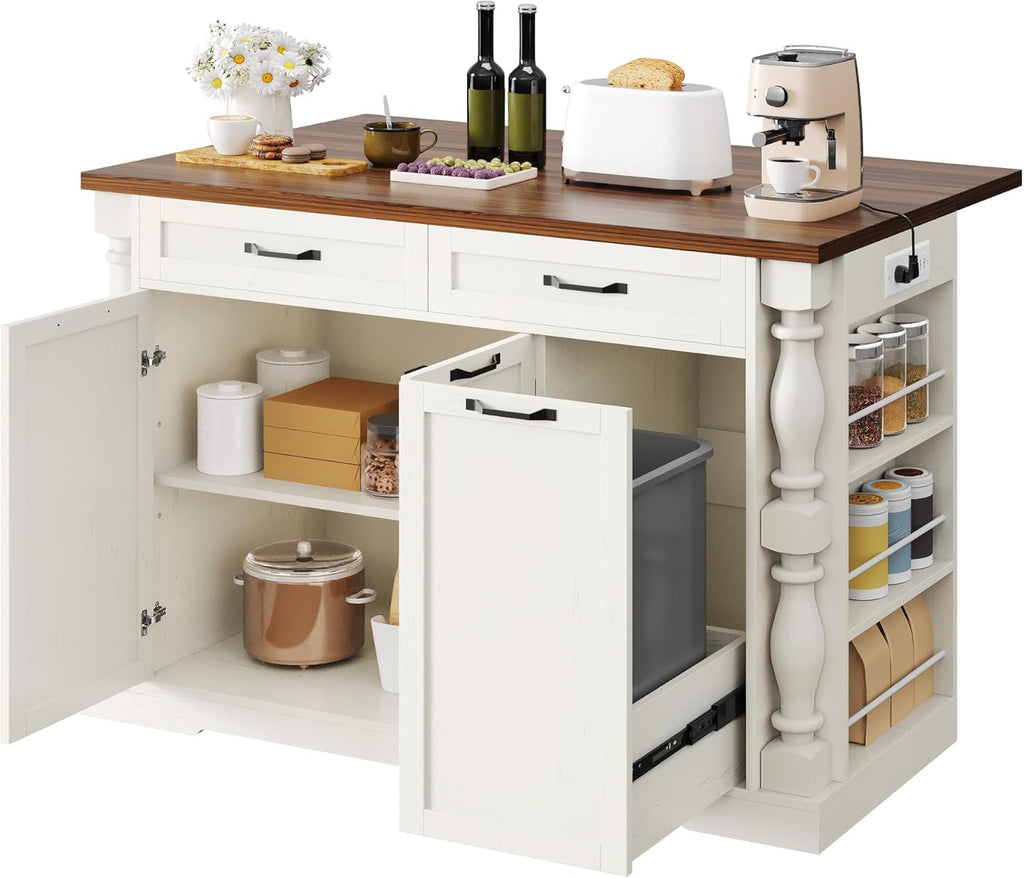 Kitchen Island with Power Outlet & Trash Cabinet, 47.6" Roman Style Rolling Kitchen Island with Drop Leaf Tabletop 11.8", Kitchen Cart with Spice Rack & Drawers & Cabinets Coffee Bar Station