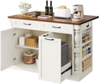 Kitchen Island with Power Outlet & Trash Cabinet, 47.6" Roman Style Rolling Kitchen Island with Drop Leaf Tabletop 11.8", Kitchen Cart with Spice Rack & Drawers & Cabinets Coffee Bar Station