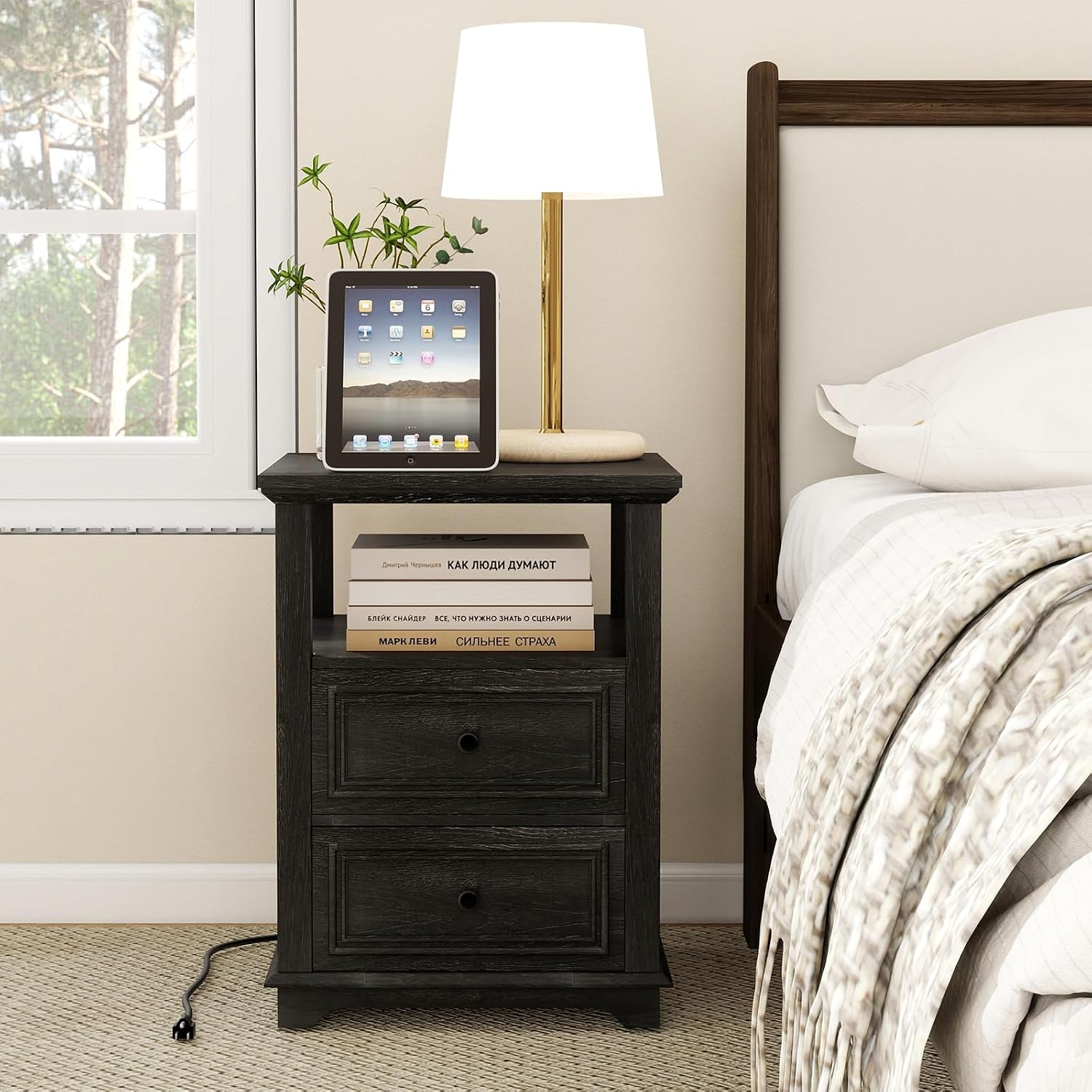 MUUEGM Night Stand with Charging Station, Dark Rustic Nightstands 18 Inch Bedside Table with 2 Storage Drawers and Open Shelf, Modern Wood End Table for Bedroom, Living Room, Closet, Office