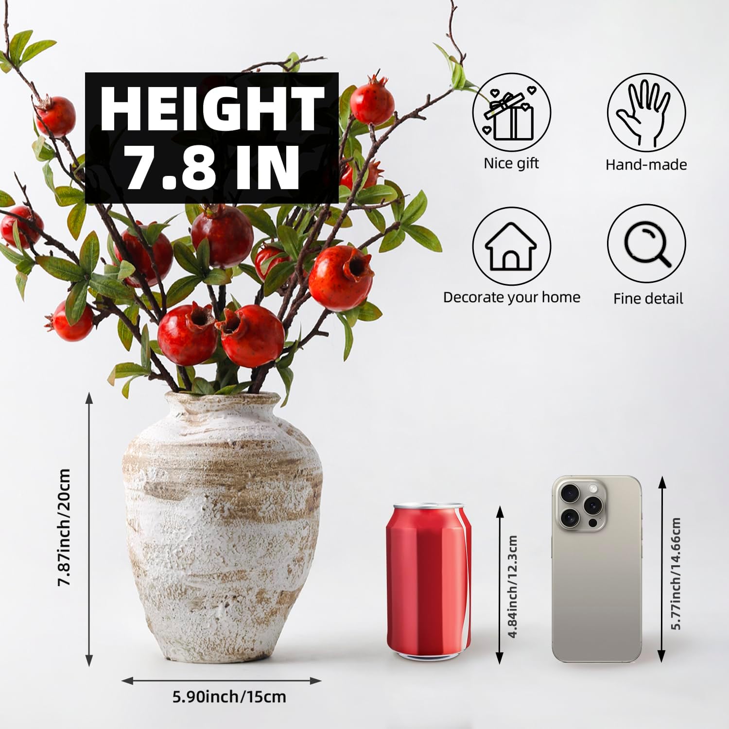 DIF DECO Ceramic Farmhouse Vase Rustic Decor,Pottery Decorative Flower Vases for Home Decor,Boho Vase for Table, Living Room,Bathroom,Shelf,Mantel Decoration,7.7 inch