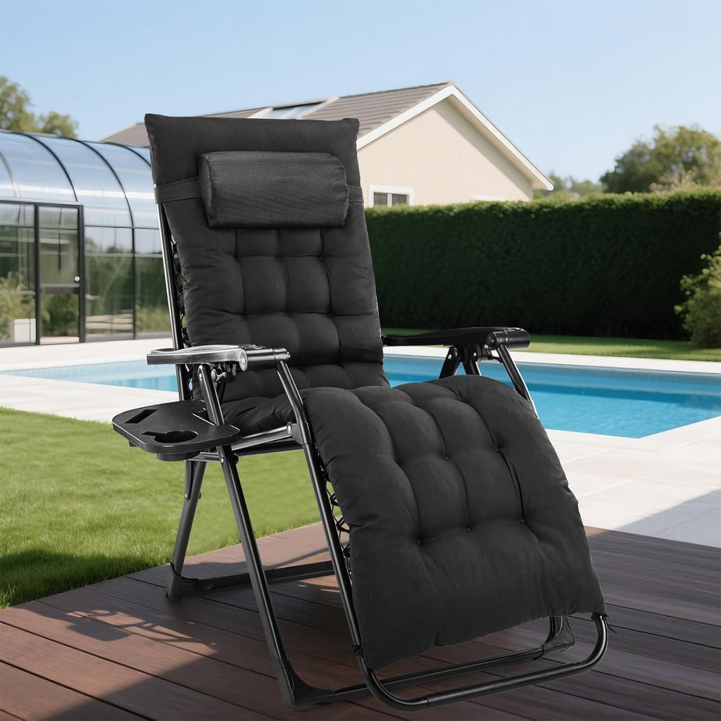 DUMOS Set of 2 Zero Gravity Chair, Reclining Camping Lounge Chair for Outdoor, Reclining Patio Chairs with Cup Holder Trays and Removable Cushion, Folding Recliner for Indoor, Black