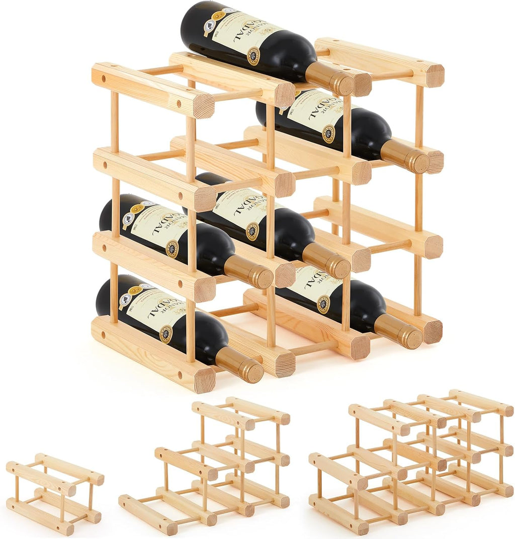 Juexica 1 Pcs 12 Bottles Wooden Wine Rack Sturdy and Durable for Inside Cabinet Stackable Countertop Modular Wine Storage Rack DIY Assembly Bottle Holder for Cellar (Natural Color)