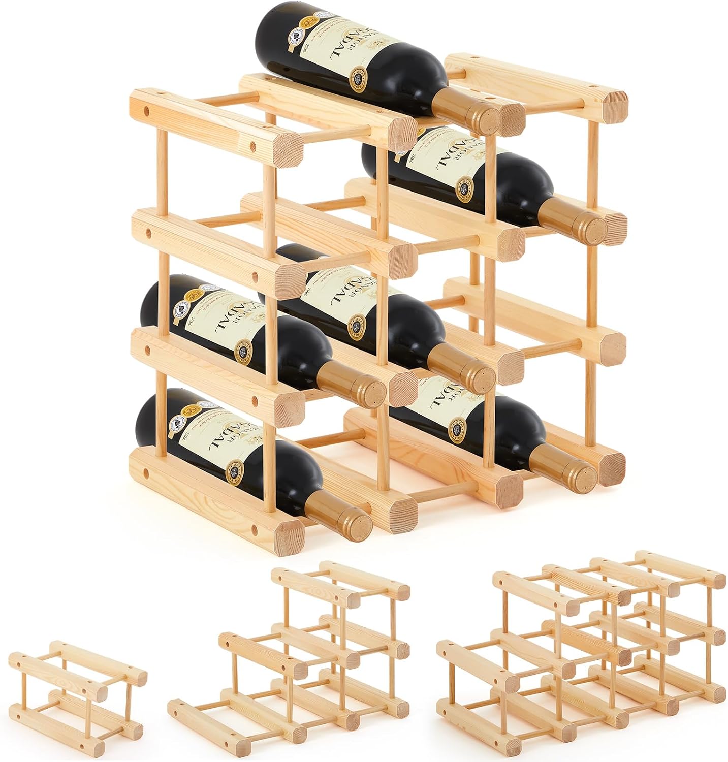 Juexica 1 Pcs 12 Bottles Wooden Wine Rack Sturdy and Durable for Inside Cabinet Stackable Countertop Modular Wine Storage Rack DIY Assembly Bottle Holder for Cellar (Natural Color)