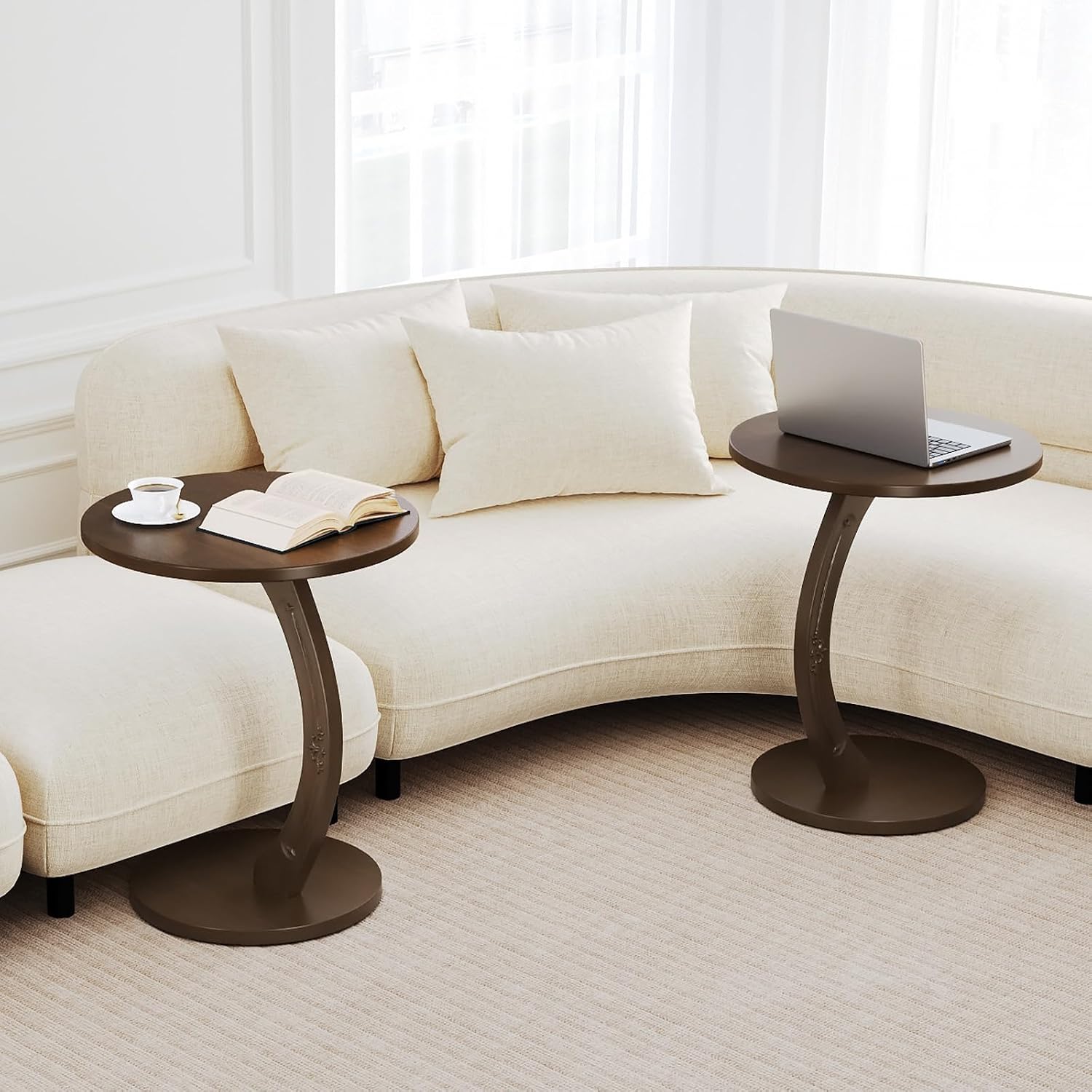 Round C-Shaped Side Table - Small C Shaped End Table for Couch/Sofa, Wood Couch Tables That Slide Under Beside, Space Saving Tables Tray for Living Room, Bedroom, Small Space (Dark Walnut)