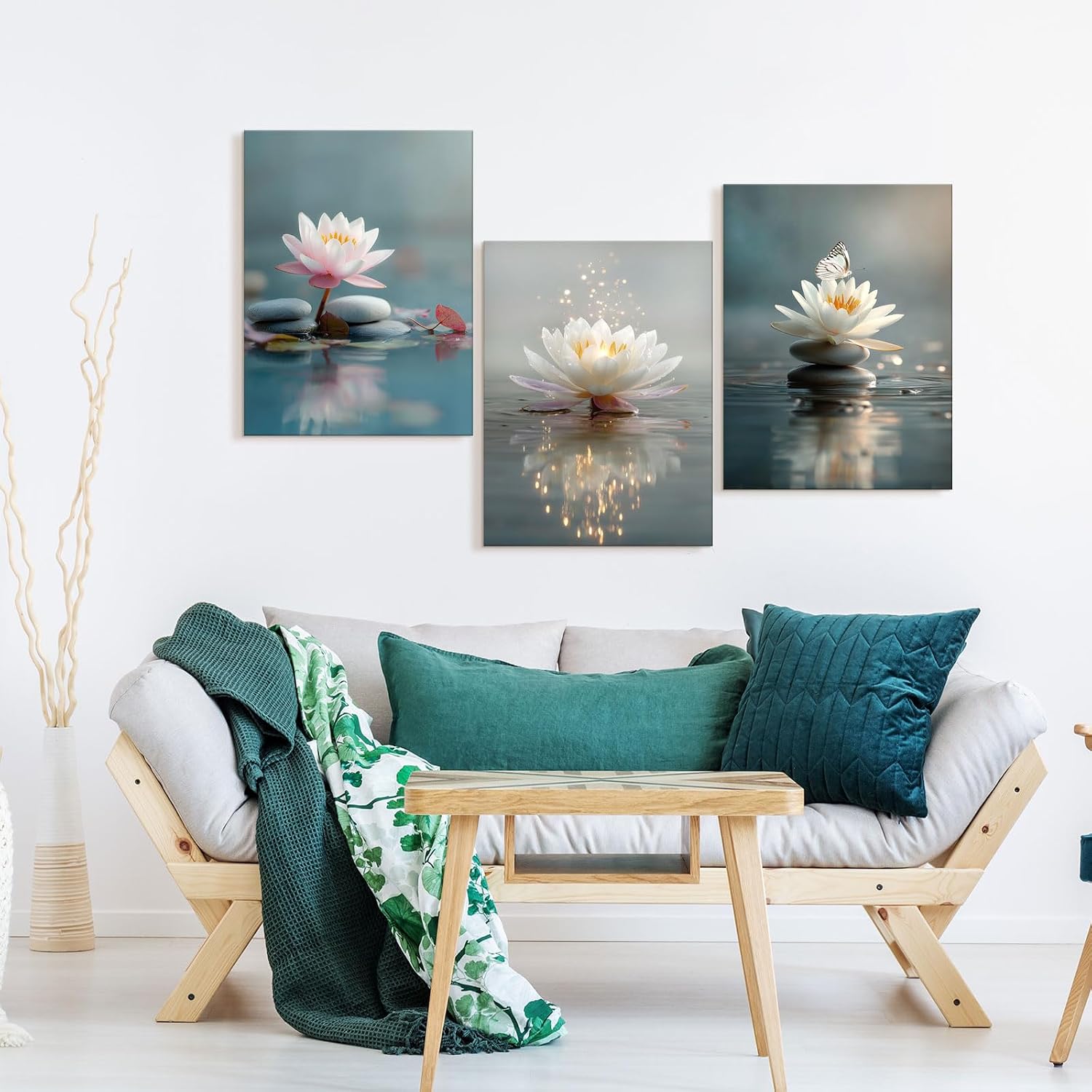 Calm Zen Lotus Stacked Stones Spa Wall Art, Modern Spiritual Lotus Blooming on Stones Artworks for Zen Office Serene Home Deco Meditation Rooms Yoga Studios and Zen Enthusiasts - Framed, 12"x16"x3