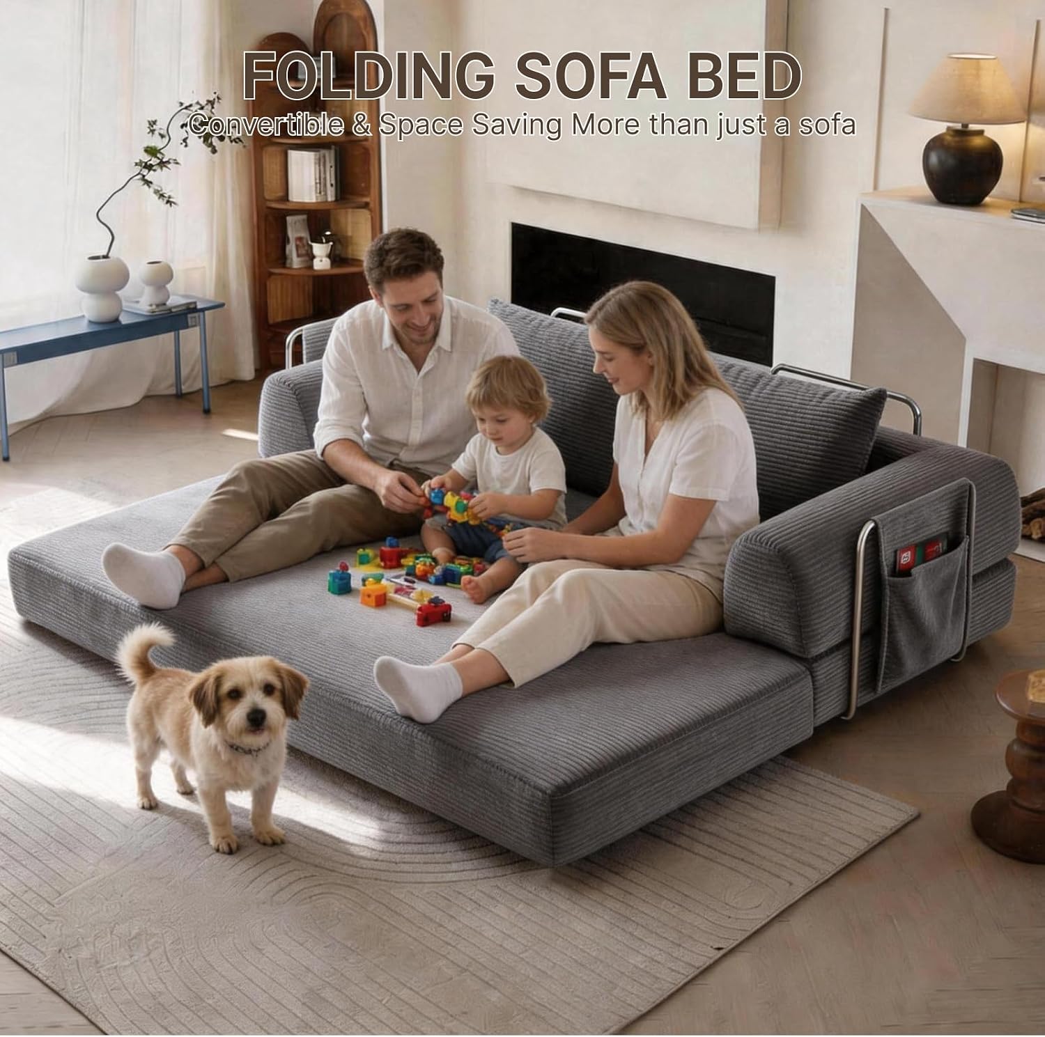 78" Convertible Sofa Bed, Corduroy Futon Couch with Storage Pocket, Boneless Pull Out Sleeper Sofa, Foldable Couch for Living Room Bedroom, No Assembly Space Saver, Gray