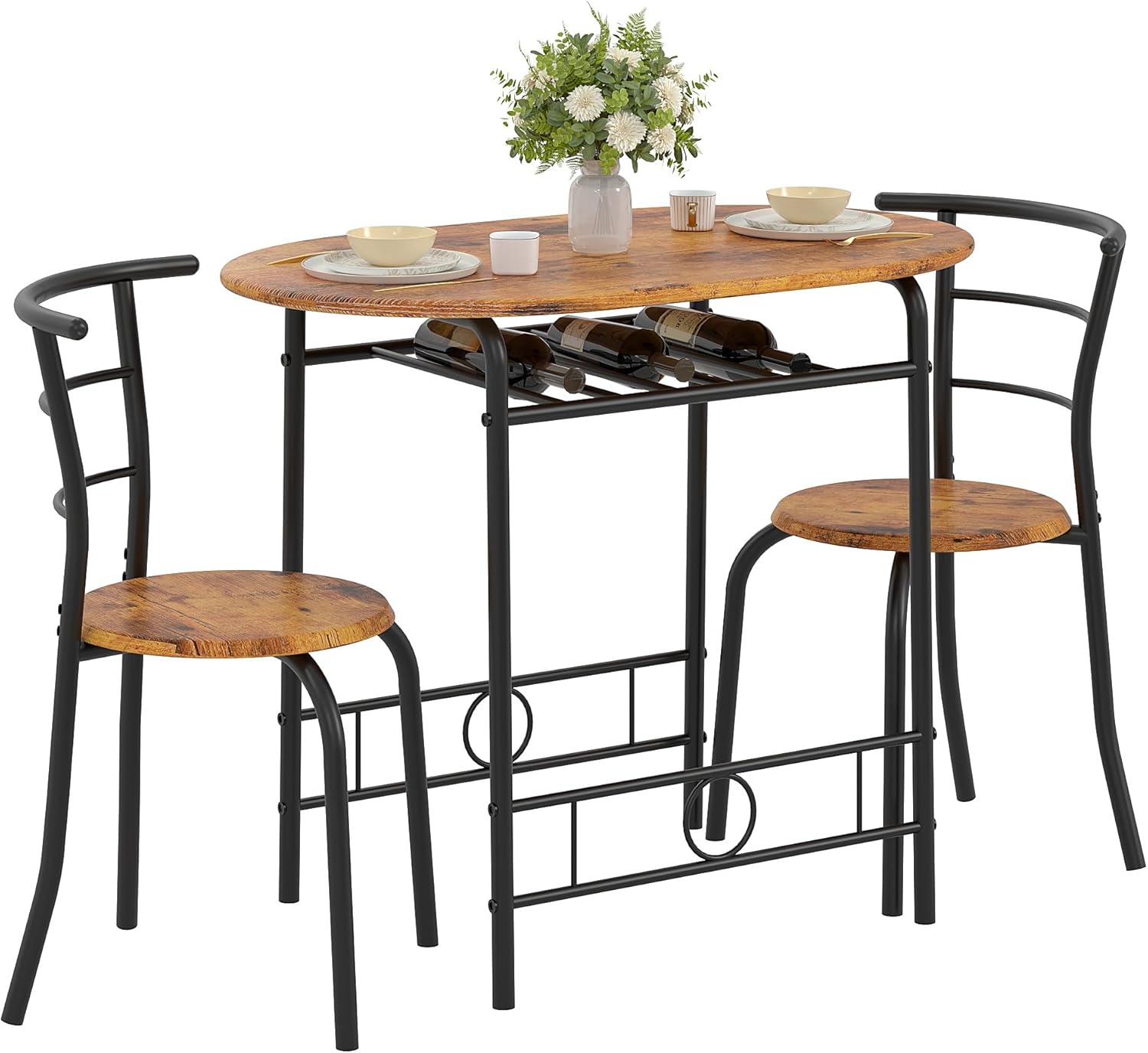 VECELO 3-Piece Dining Table Set for Kitchen Breakfast Nook, Wood Grain Oval Tabletop and Metal Frame with Built-in Wine Rack, for Small Spaces, Antique Brown & Black