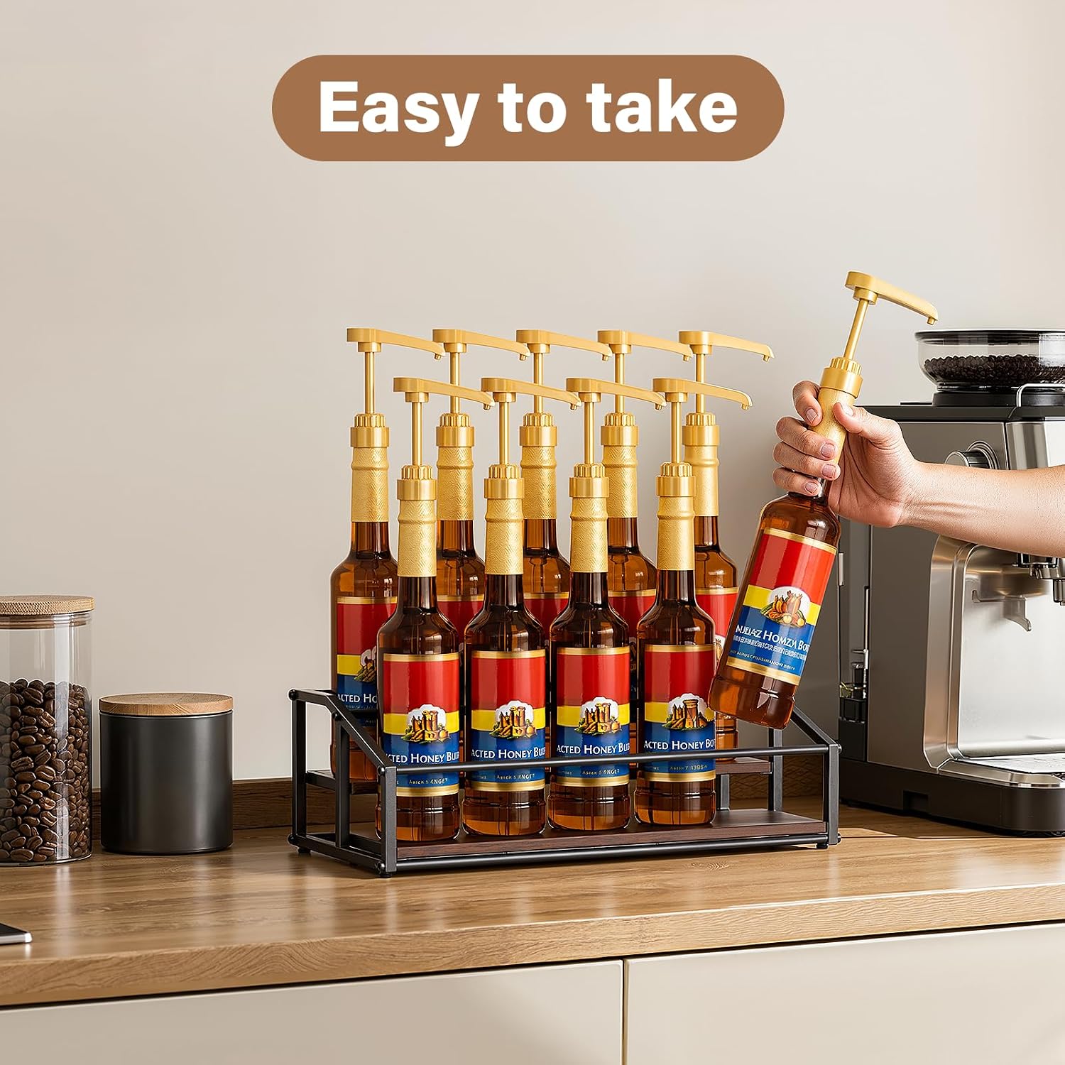kimilus Coffee Syrup Organizer Rack, Liquor Bottle Display Shelf, 2 Tier 10 Syrup Bottles Holder Stand for Coffee Bar Kitchen Small Wine Rack for Family Storage for Syrup Wine Dressing