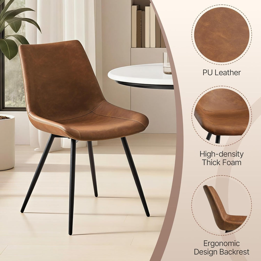 Yaheetech Dining Room Chairs Set of 2 Mid Century Modern Kitchen Chairs with Upholstered Faux Leather and Metal Legs for Dining Room, Living Room, Brown