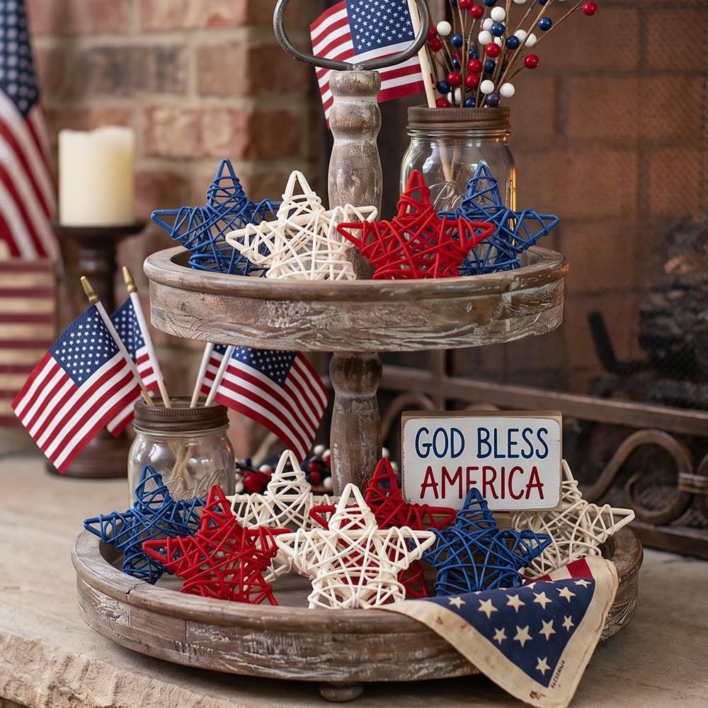 18 Pcs 4th of July Decorations Patriotic Rattan Star Decor Red White and Blue Decorations 3.1 Inch Independence Day Table Decor Party Decorations Vase Bowl Fillers