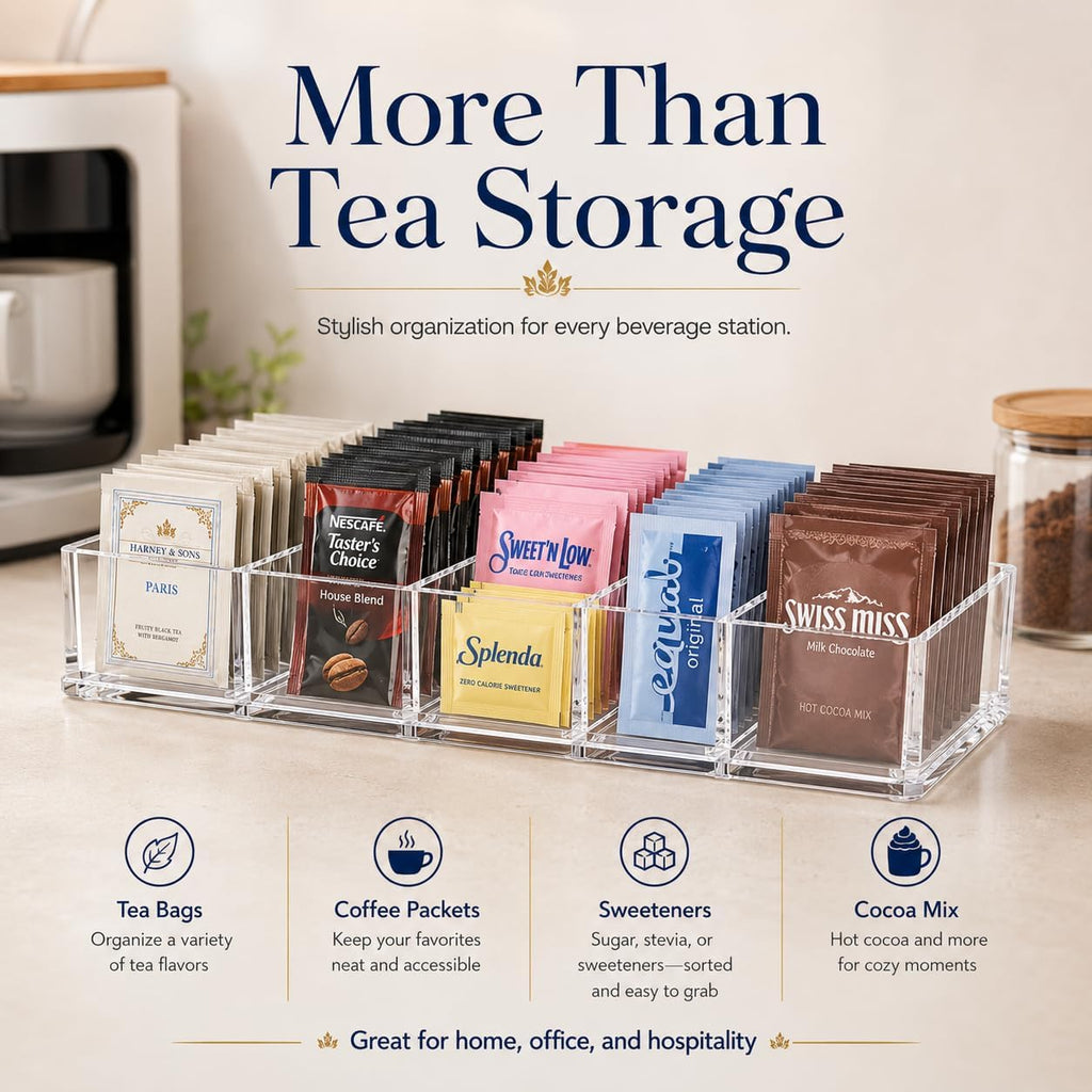 Tea Bag Organizer, Clear Pantry Storage Box with 8 Compartments, Matcha Station, Storage Bins for Drawers, Countertops, Fridge, Kitchen, Snack & Spice Organization