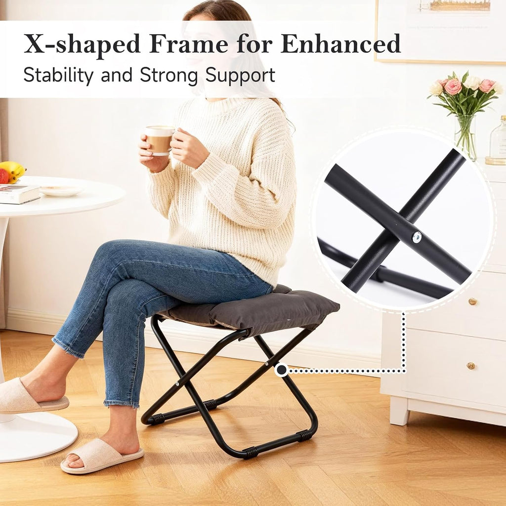 Welnow Folding Foot Stool, Upholstered Small Accent Ottoman with Detachable Thick Cotton Cushion, Padded Sofa Stool with Straight Metal Legs for Lazy Chair, Living Room, Bedroom, Dark Grey