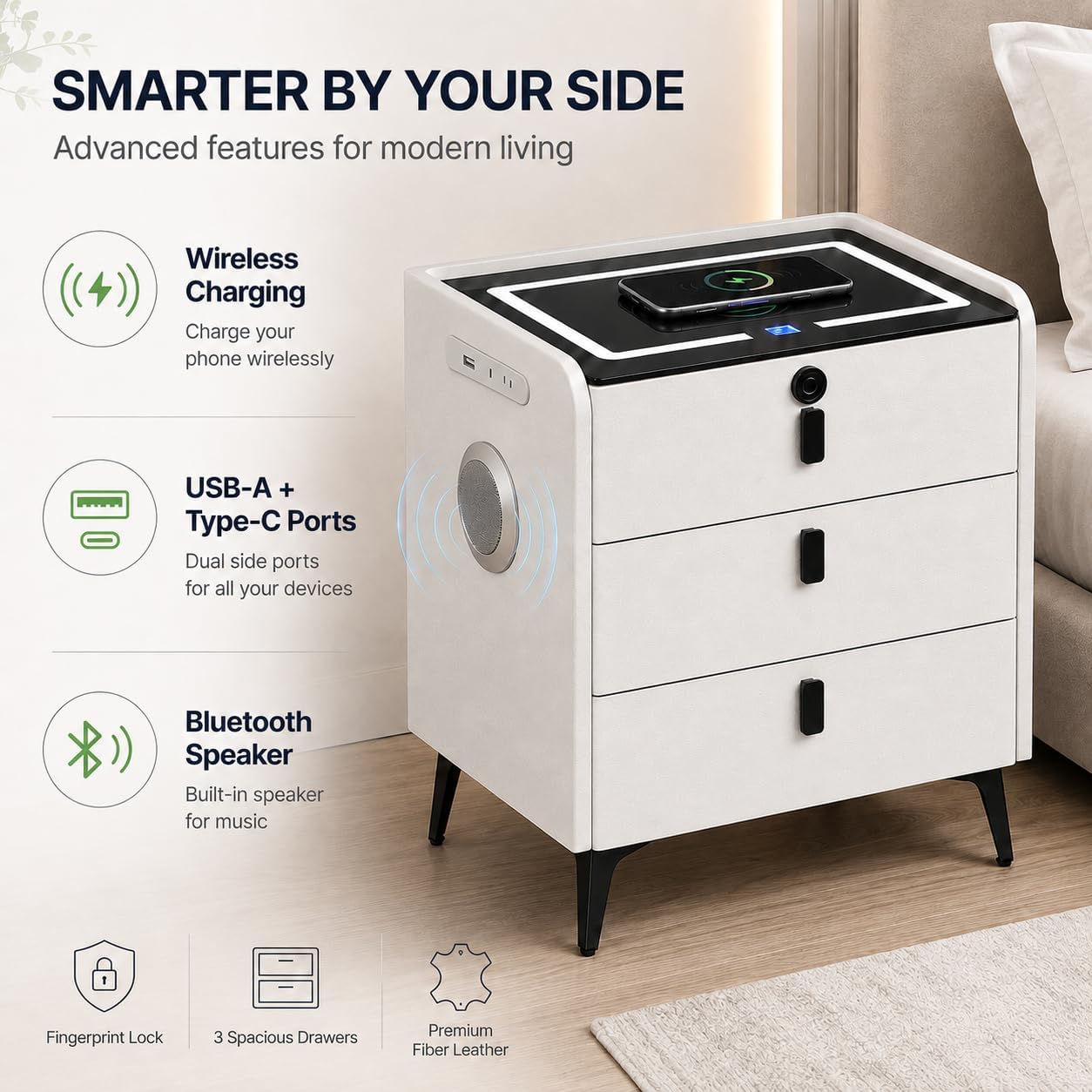 Smart Nightstand with Wireless Charging, with Fingerprint Lock Drawer, Night Stand with Charging Station,2 USB, LED Lights Bluetooth Speaker Side Table for Bedroom/Living Room (White)