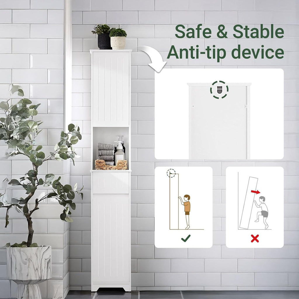 SoBuy Narrow Bathroom Storage Cabinet, Tall Slim Bathroom Organizers and Storage for Small Spaces, Freestanding Skinny Cabinet with Doors and Shelves for Tight Corners, White BZR109-W